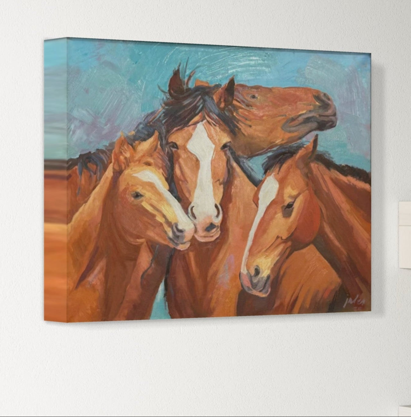 Family Time (Chestnut horses in the wild) Giclée Canvas Print on Wood