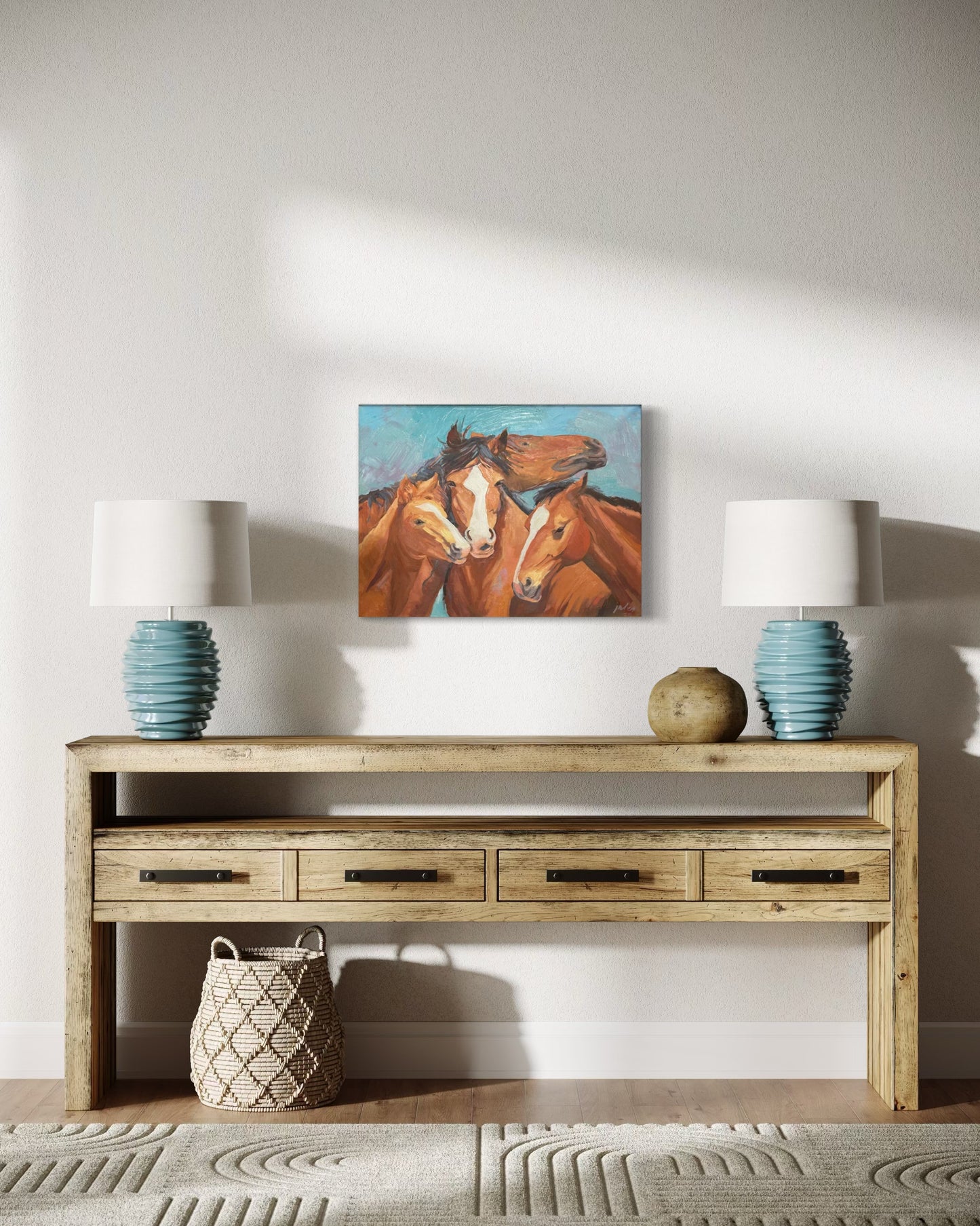 Family Time (Chestnut horses in the wild) Giclée Canvas Print on Wood