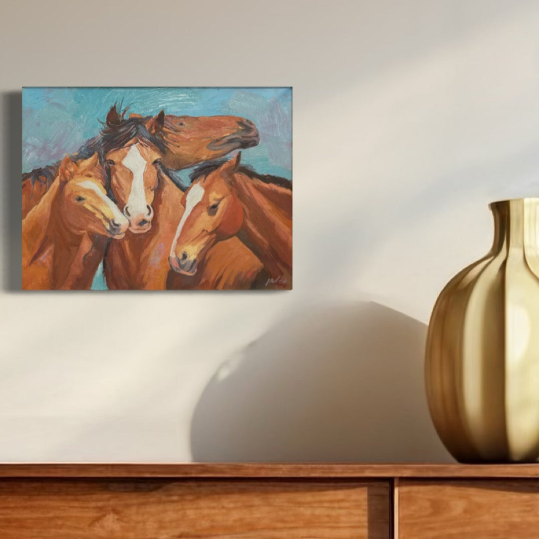 Family Time (Chestnut horses in the wild) Giclée Canvas Print on Wood
