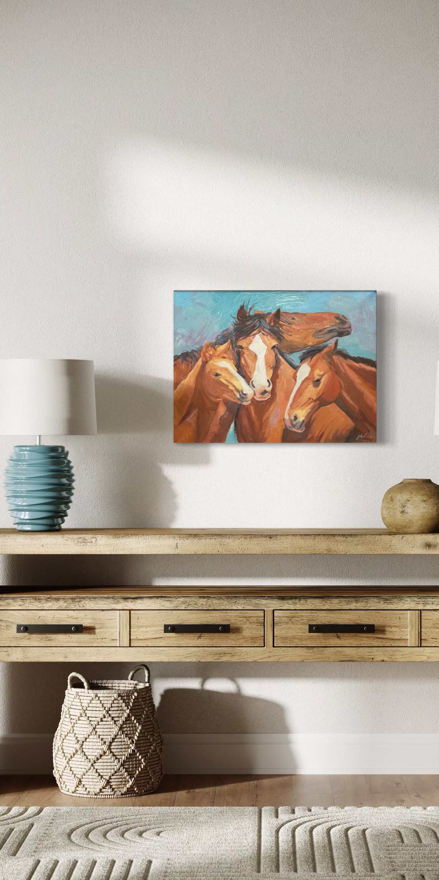 Family Time (Chestnut horses in the wild) Giclée Canvas Print on Wood