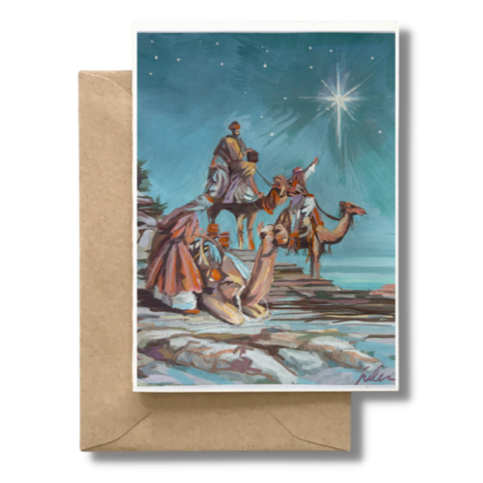 THREE KINGS ARRIVING ON CAMELS - Christmas Art Card Print of Original Painting