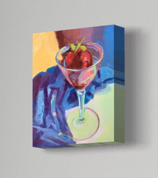 CHOCOLATE STRAWBERRY IN A GLASS WITH BLUE FABRIC -  Giclee Reproduction of Original Oil Painting Print