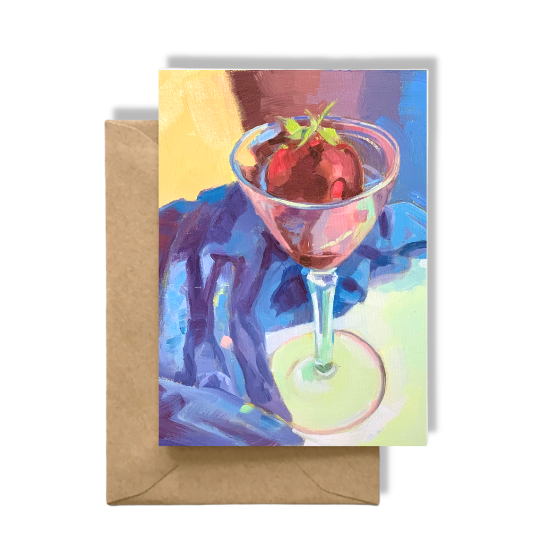 CHOCOLATE STRAWBERRY IN A GLASS WITH BLUE SHIRT  Art Card