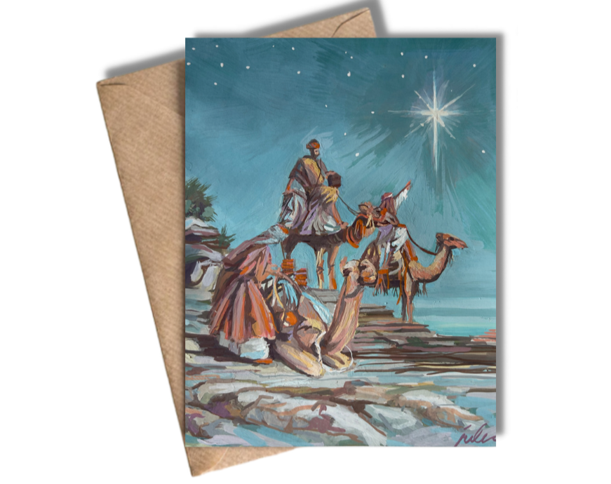 THREE KINGS ARRIVING ON CAMELS - Christmas Art Card Print of Original Painting